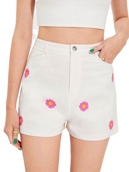 

mod floral print slant pocket shorts 385b#, White;black