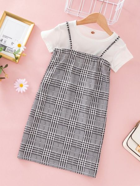 

girls solid tee & glen plaid cami dress she, White