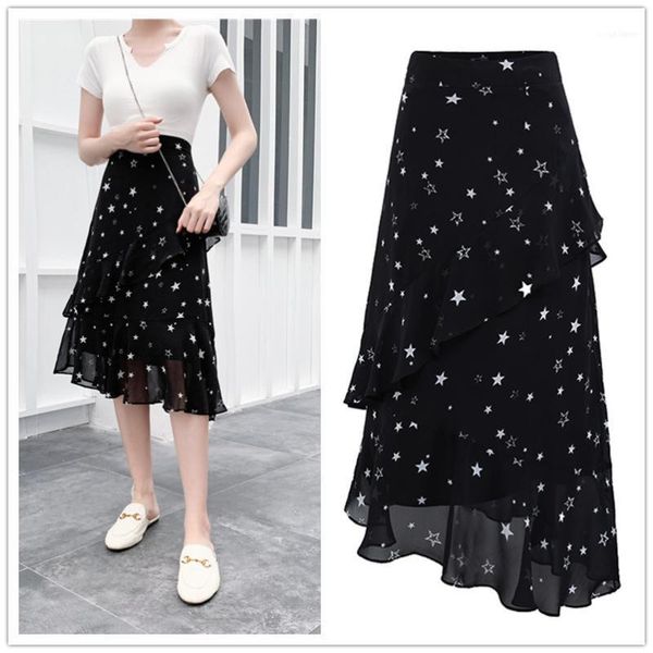 Gonne torta irregolare chiffon nero stella lunga moda coreana a vita alta vintage primavera autunno estate abbigliamento donna 2022