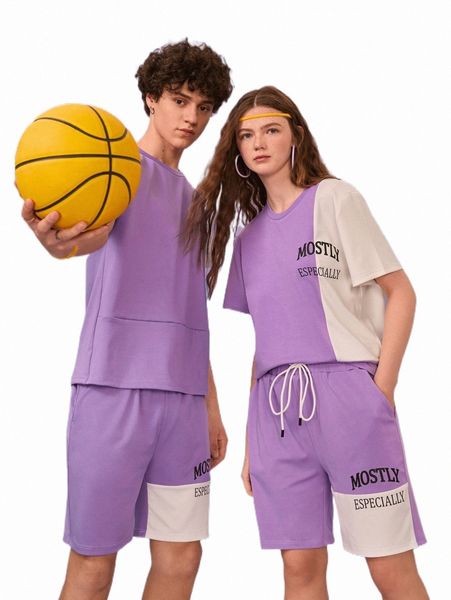 

1pc letter graphic colorblock tee & 1pc shorts y0cb#, Gray