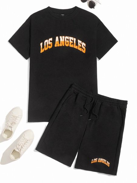

men letter graphic tee & shorts set r75s#, Gray