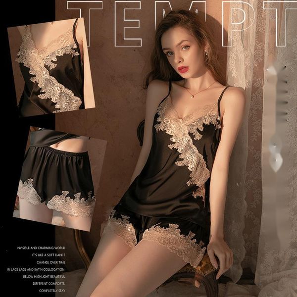 

women pajamas sleepwears deep v satin lace suspender shorts sleepwear, Black;red