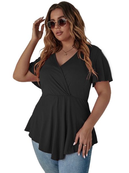 

plus flutter sleeve overlap collar peplum hem tee w1km#, Black