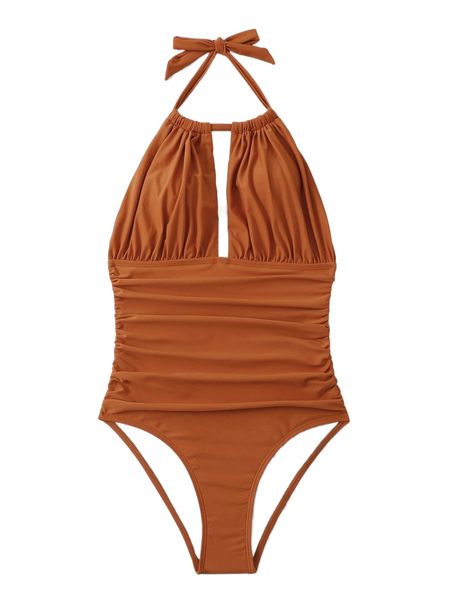 

plain ruched halter one piece swimsuit k5g8#, White;black