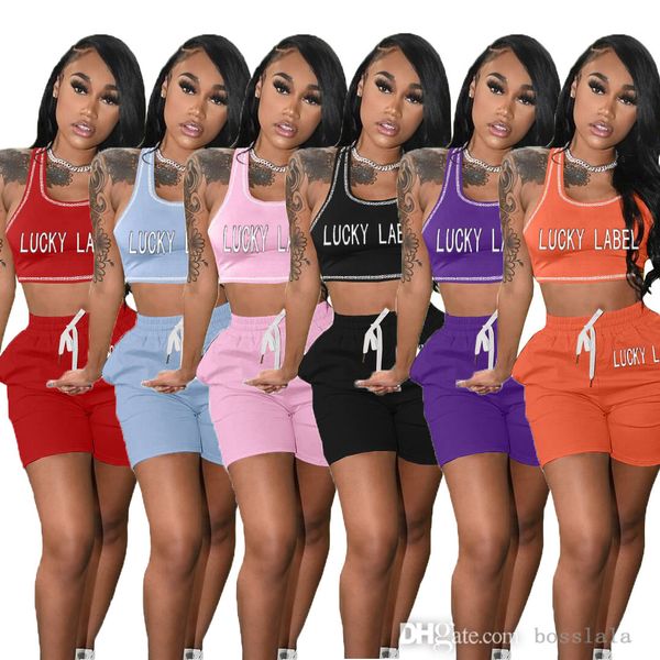 

womens embroidered two piece sportswear solid lucky label printed drawstring shorts tracksuits 2022 new summer, Gray