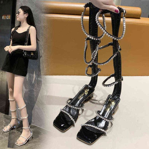 

sandals pumps luxury rhinestone high heels fairy style one line thick heel versatile square head women s shoes 220704, Black