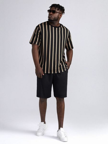 

extended sizes men striped tee & slant pocket shorts p5yj#, Gray