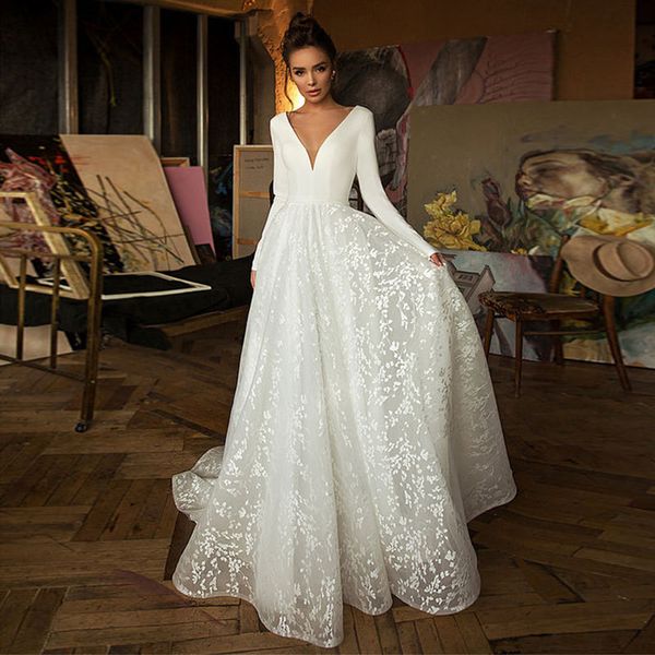 

bohemian lace a line wedding dress long sleeve boho beach bridal gowns v neck satin backless country bride formal wear ivory white robes de