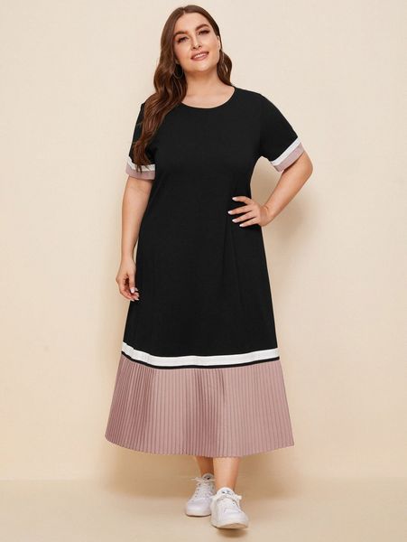 

plus contrast pleated hem colorblock dress 99uo#, Black