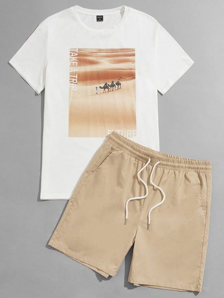 

men slogan & figure graphic tee and drawstring waist shorts set w8td#, Gray