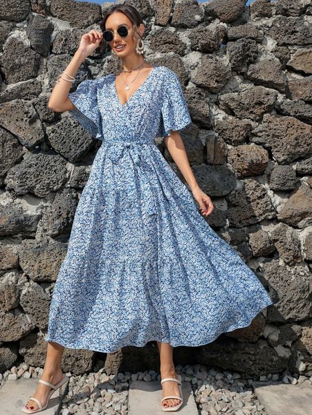 

floral print ruffle hem belted dress y9o7#, Black;gray