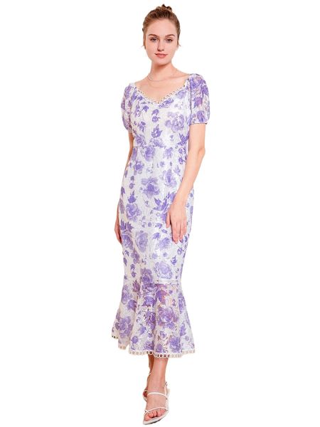 

allover floral mermaid hem dress x95r#, Black;gray