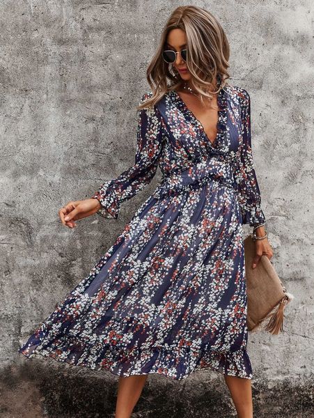 

ditsy floral deep v-neck ruffle hem dress e5ol#, Black;gray