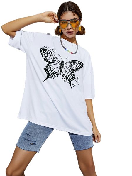 

butterfly and slogan graphic drop shoulder oversized tee n6na#, White