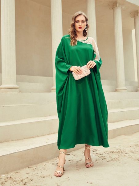 

plus contrast mesh guipure lace applique dolman sleeve tent dress 20wp#, Black