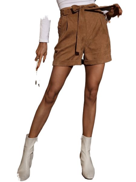 

frill trim roll hem belted corduroy shorts z49d#, White;black