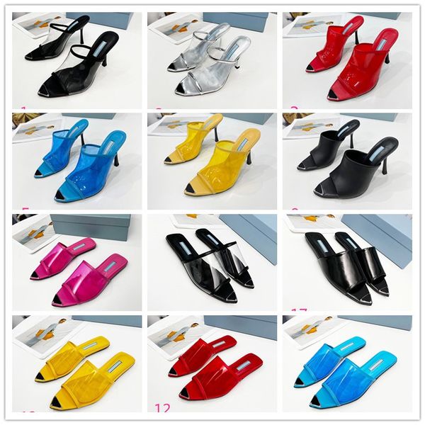 

2022 dress shoes flat bottom 10cm pvc pump high heels transparent sandals shiny toe thin pointed women's summer slippers size 35-41 wit, Black