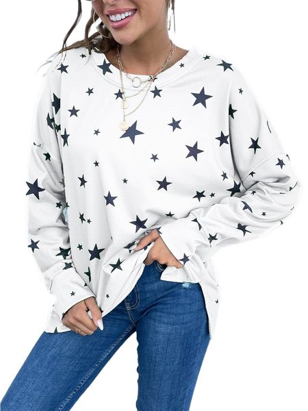 

star print drop shoulder split hem sweatshirt r5dj#, Black