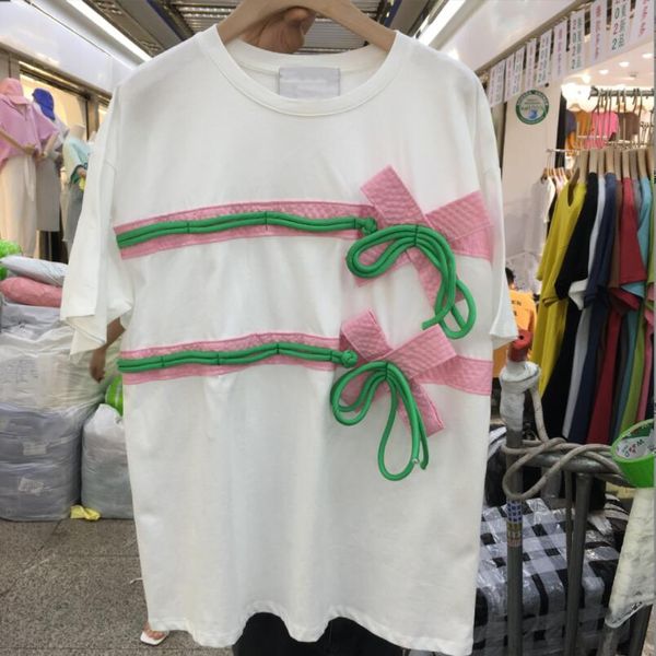 

white t-shirt women 2022 summer design three-dimensional bow lace up o collar short sleeve t shirts female casusl w208