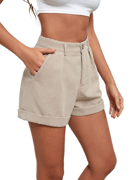 

high waist roll hem corduroy shorts 20un#, White;black