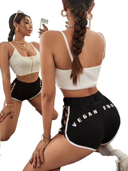 

sxy letter graphic contrast binding criss cross side shorts u6fq#, White;black