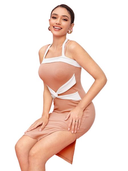 

x meng fei lin two tone twist front split hem cami dress 88cq#, Black;gray