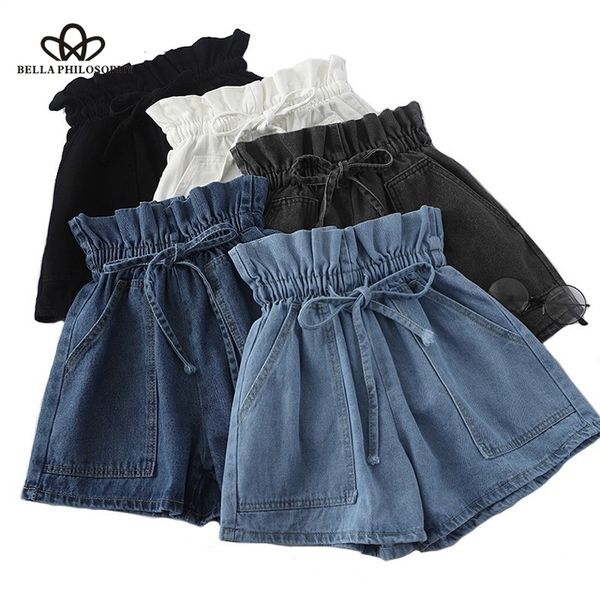 

bella high waist bud skirts womens korean drawstring waist summer denim shorts solid color jean shorts streetwear y200822, White;black