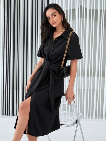 

single breasted knot front shirt dress h2c9#, Black;gray