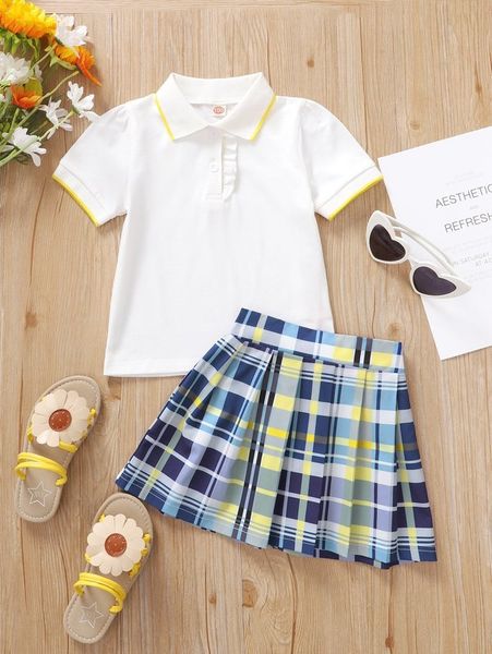 

toddler girls contrast trim polo neck tee & plaid pleated skirt she, White