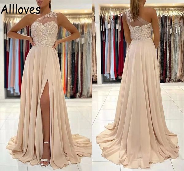 

elegant one shoulder chiffon a line bridesmaid dresses lace appliqued simple wedding guest prom party gowns sweep train side slit maid of ho, White;pink