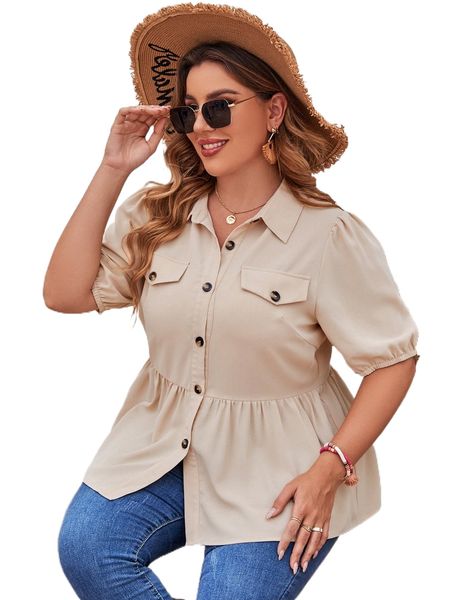 

plus solid button up flap detail puff sleeve blouse l0o7#, Black