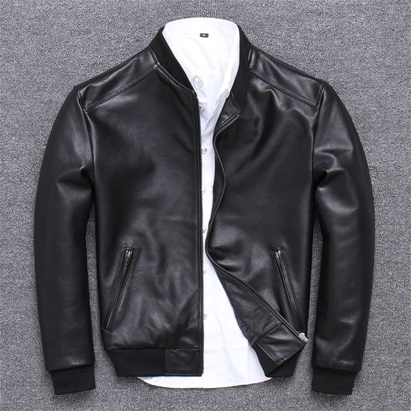 

yr sales brand casual style leather jacket men slim sheepskin coat quality soft bomber baseball lj201029, Black