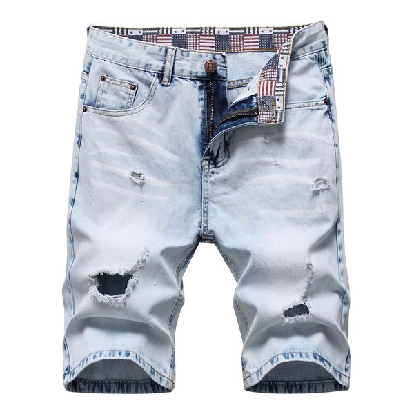 Jeans denim shorts homens lavados luz azul rasgado verão designer masculino branqueado retro tamanho grande calças curtas 28-42