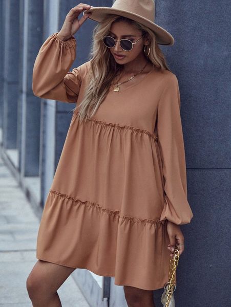 

lantern sleeve frill trim smock dress k5es#, Black;gray