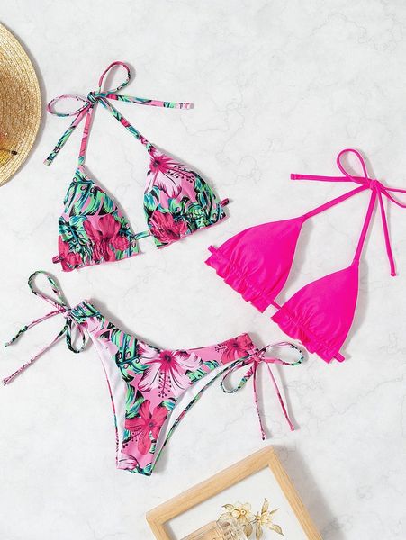 

3pack tropical print frill trim halter triangle bikini swimsuit b70u#, White;black