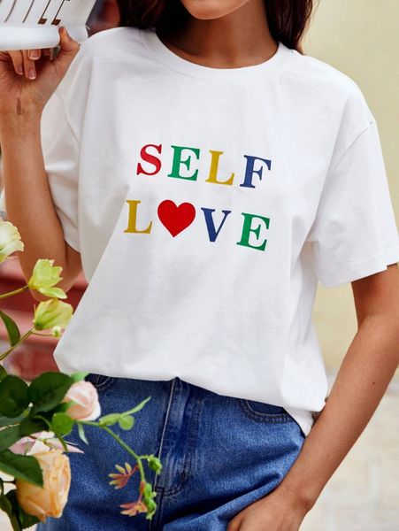 

letter & heart print drop shoulder tee c77n#, White