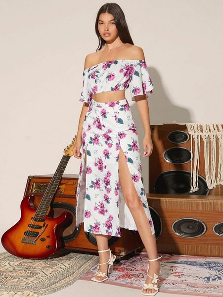 

floral print off shoulder petal sleeve crop & split thigh skirt p3o0#, White