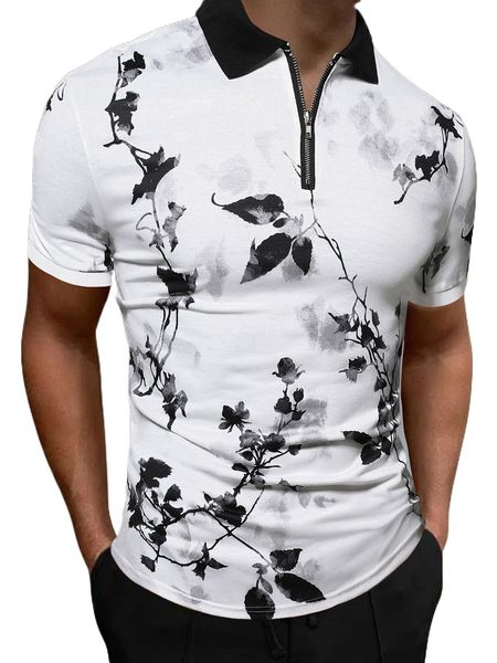 

men floral print contrast collar quarter zip polo shirt m5xv#, White;black