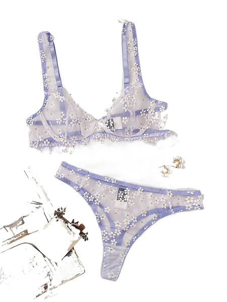 

floral print contrast binding mesh lingerie set w7ym#, Black;red