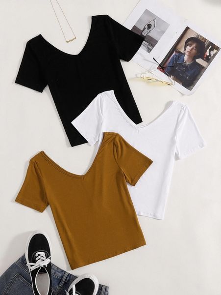 

3pcs solid v neck tee j9vq#, White