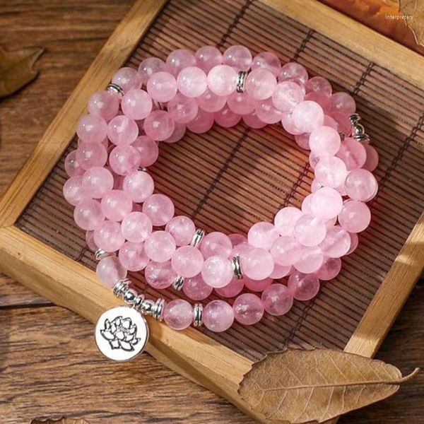 Cadeia de link MG1345 NATURAL GRAY MADAGASAR ROSE quartzo 108 Mala Bracelet Lotus Charm Yoga Wrap Gifts para seu INTE22