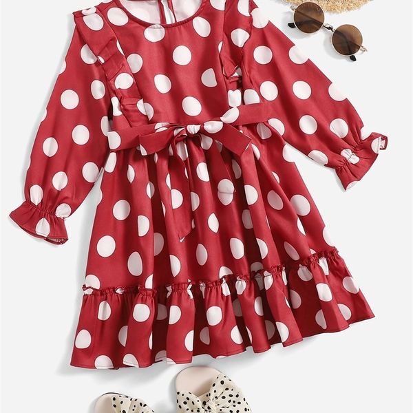 

little girl poca dot ruffle sleeve ruffle belt dress she, Red;yellow