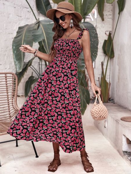 

allover floral print shirred ruffle trim cami dress b4vr#, Black;gray