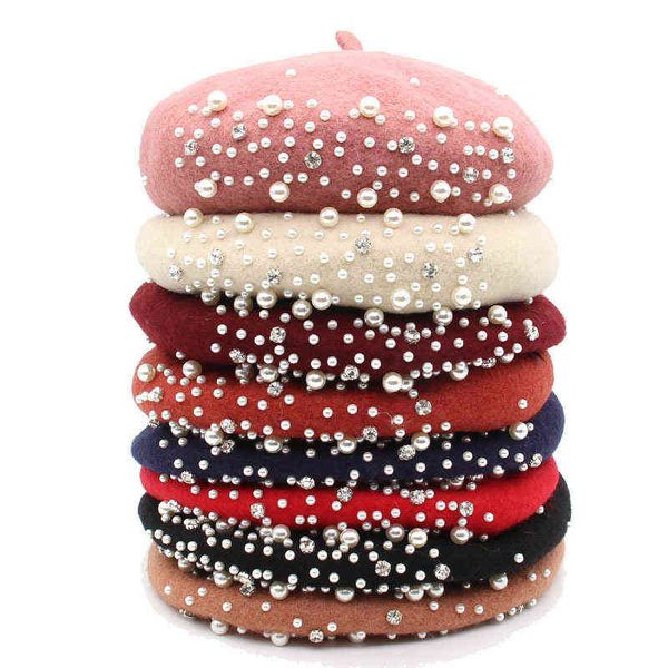 

women girl winter beret cap french artist warm wool beanie hat with diamond pearls elegant vintage flat beret hats fashion bone j220722, Blue;gray