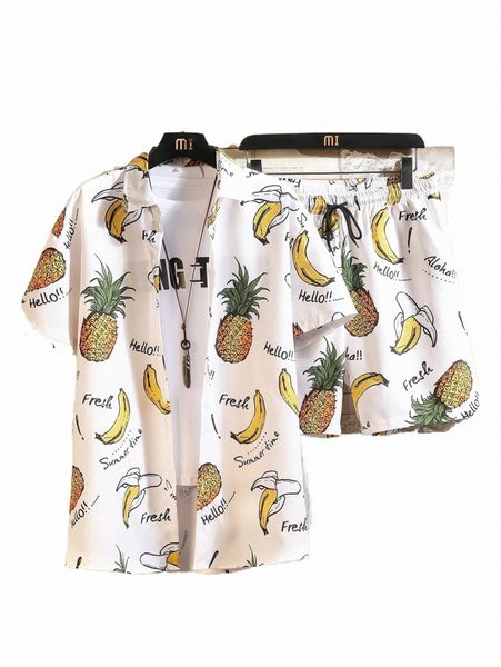 

men random letter & pineapple print shirt & drawstring waist shorts without tee y00u#, Gray