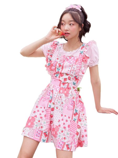 

kawaii strawberry patchwork frill pinafore dress r02x#, Black;gray