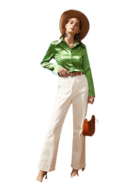 

solid contrast stitch single button placket blouse t0av#, White