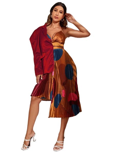 

x sayndo gigot sleeve satin blazer & graphic pleated cami dress set x9l6#, White