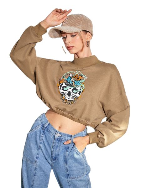 

x tedcreation skeleton print drop shoulder crop sweatshirt 77tu#, Black