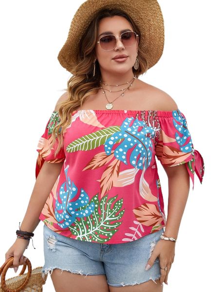 

plus tropical print off shoulder tie cuff blouse b4m9#, Black
